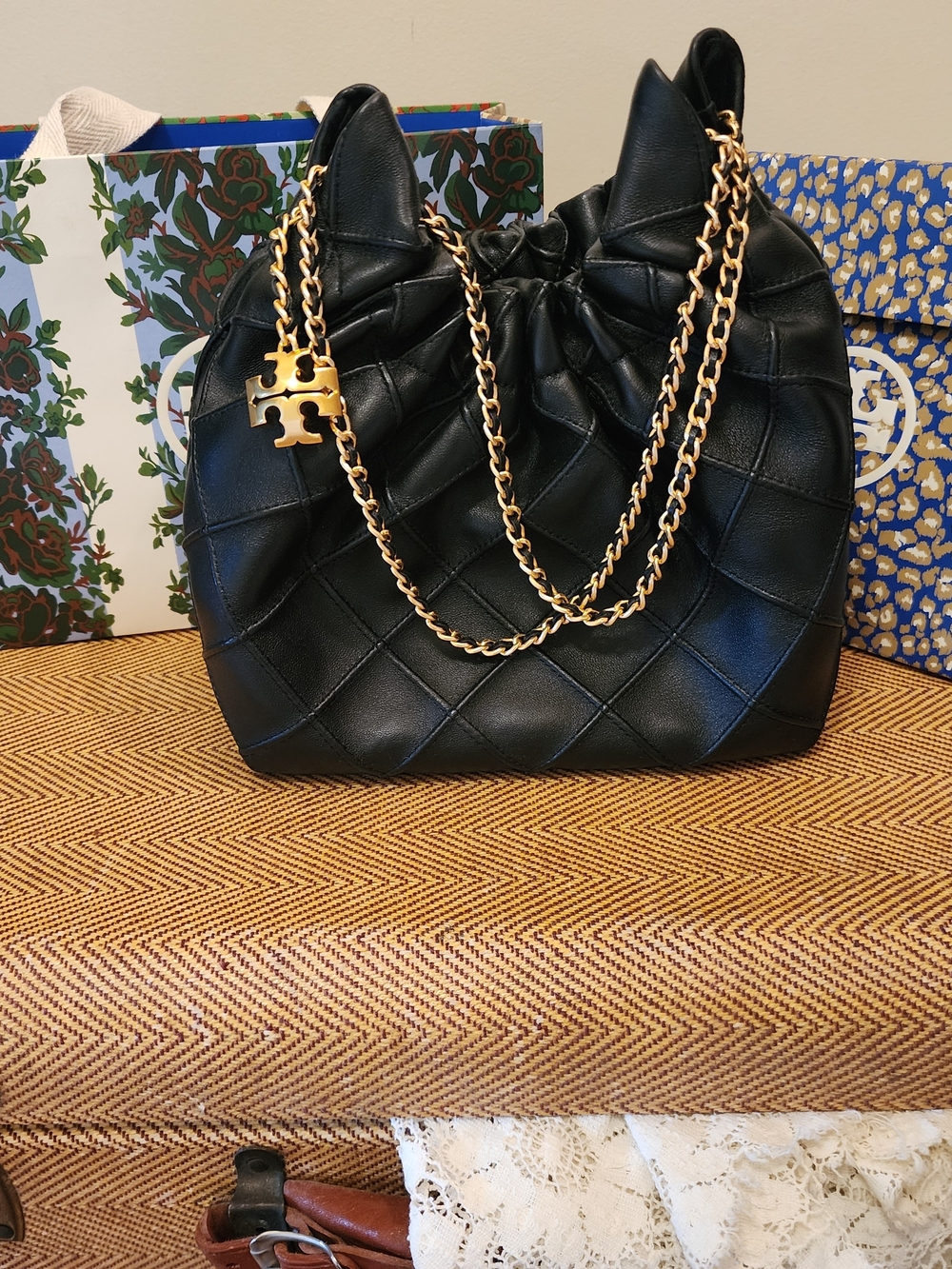 Tory Burch Black Quilted Leather Drawstring Shoulder Bag with Gold Chain